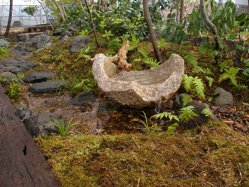 割れた石臼を見立てた水鉢