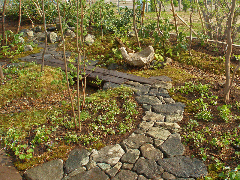 石畳から沢に架かる木道へ庭を進む