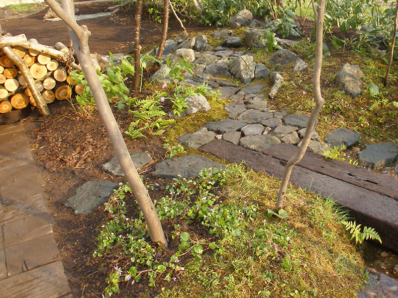 庭をめぐる路は峠へ向かい、麓にはヤマザクラが迎える